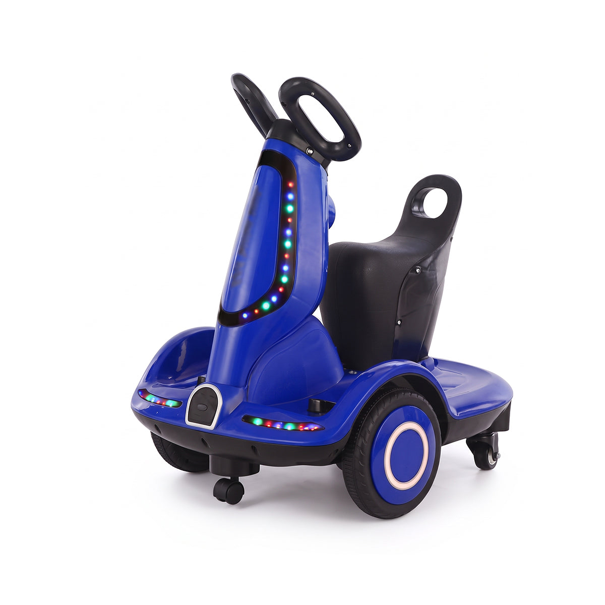 Smart electric scooter for kids featuring a remote control, built-in music, and colorful LED lights. Includes a seat with a safety belt and is rechargeable