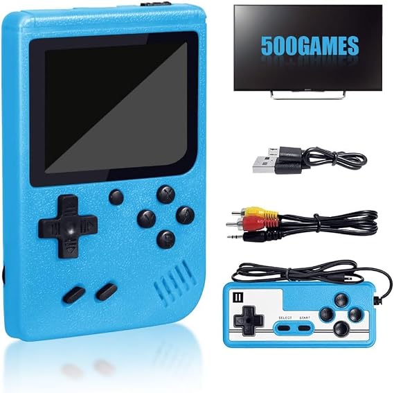 Handheld Game Console for Kids, Gamepad for 2 Players, Built-in 500 Classic Games, 3.0" LCD Screen, with Rechargeable Battery, TV Connecting, Gift for Boys & Girls (Blue)
