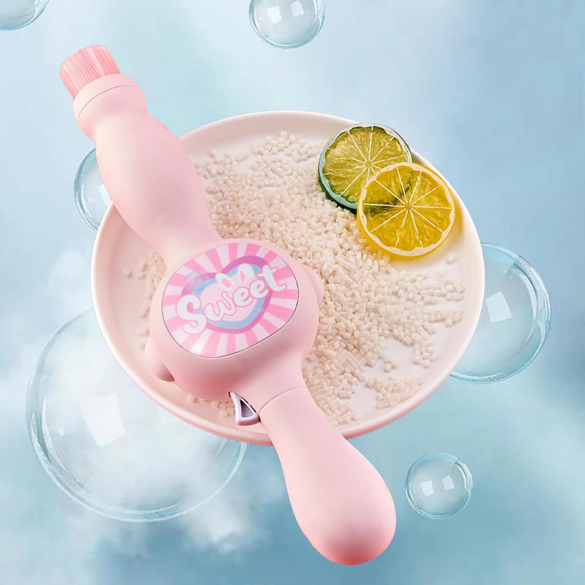 Happy Kiddo Bubble Wand – Interactive, mobile-friendly mist bubble machine featuring flexible inner bubbles and smoke-filled bubbles of the perfect size (Pink).