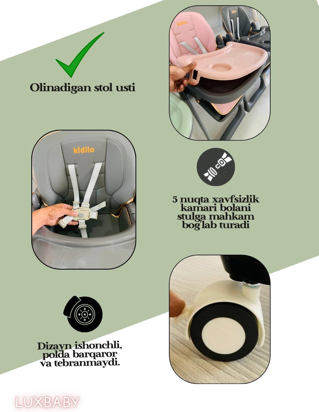 The Kidilo high chair features a modern design and an elegant gray color, providing comfort and safety for your child during mealtime. It is equipped with a comfortable, padded seat and a safety harness to keep the child secure (Gray).