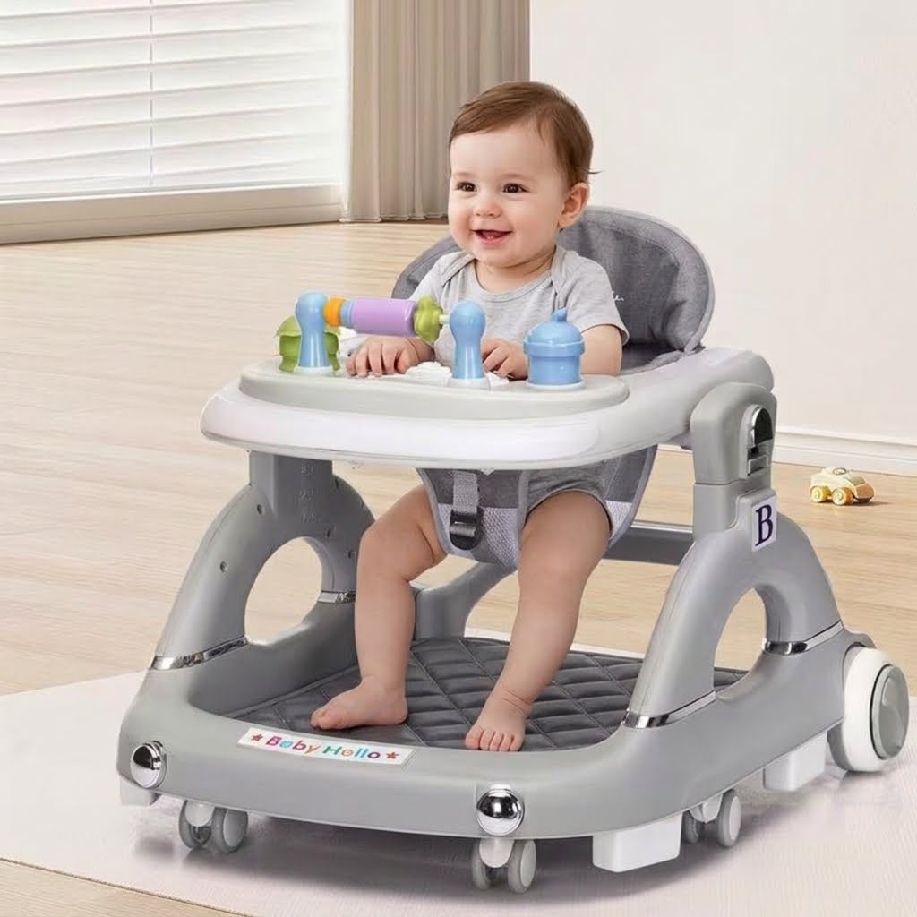 Adjustable Baby/Child Walker With Removable Music Tray And Toys-Soft Cushion-Learning Seat Suitable From 6- 18 Months_HAPPY_KIDDO_GREY