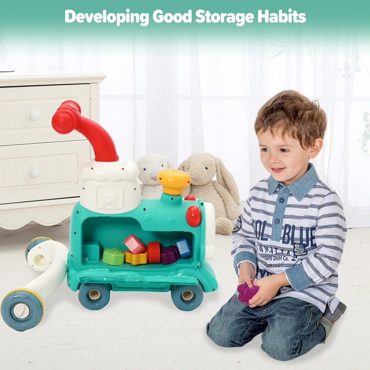 Happy Kiddo 5-in-1 Train Walker: Steam train walker with music—designed for riding, crawling, pulling, pushing, playing, and learning—suitable for children aged 6 months and up.