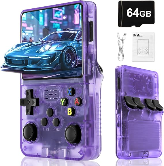 Retro Video Game Console R36S 3000mAh Rechargeable Battery, 3.5 Inch HD Screen, 64GB TF Card, Open Source Linux System, 20000+ Classic Video Games-Purple