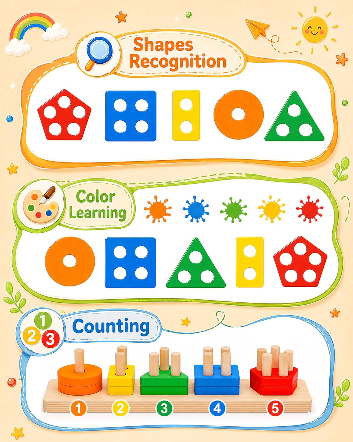 🧩🎨 Happy Kiddo Wooden Geometric Shape and Color Sorting Game – Learning through Thinking and Fun! 🎨🧩