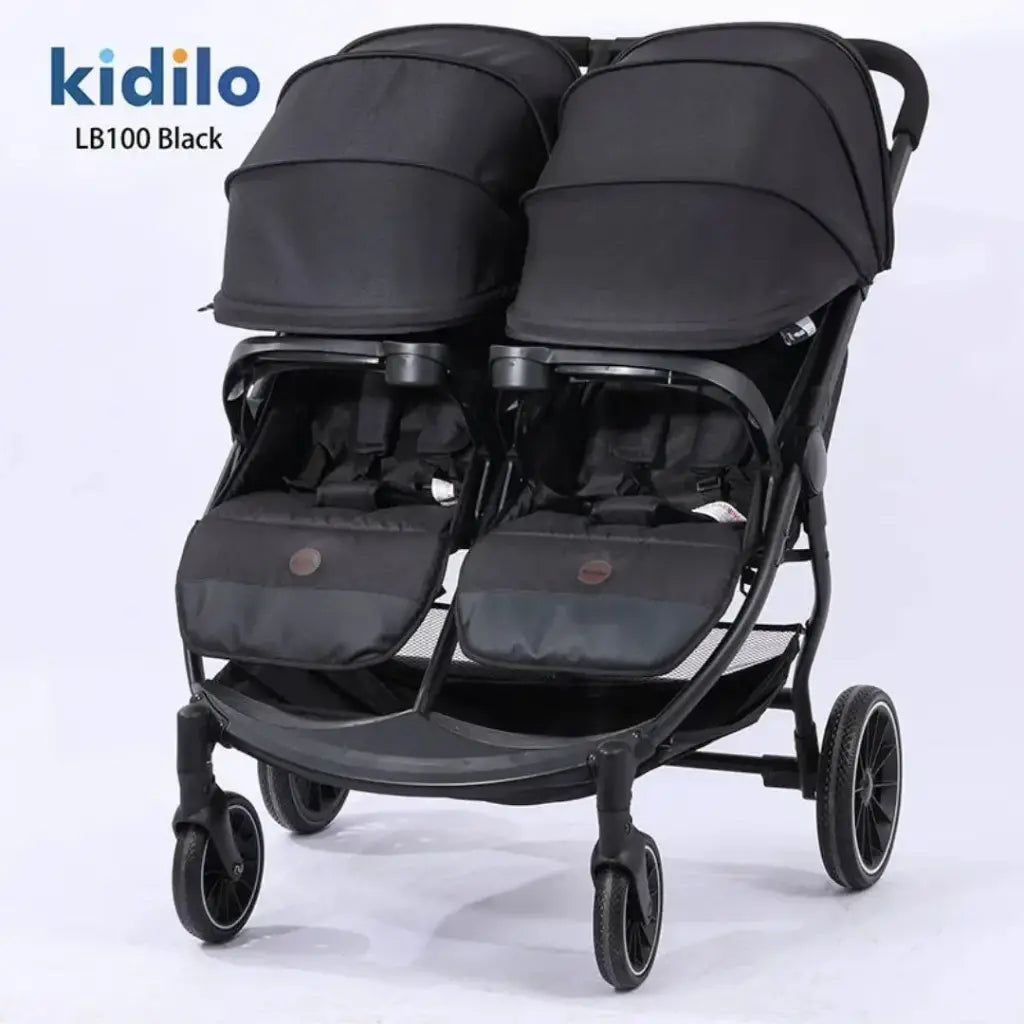 Kidilo LB100 double stroller features two comfortable seats equipped with safety harnesses, an under-seat storage basket, and agile wheels for easy maneuverability
