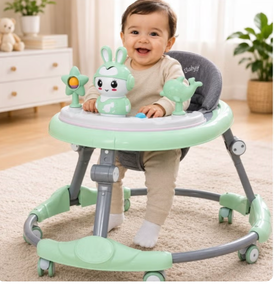 BabyGo Foldable Baby Walker | Adjustable Height | Interactive Toys | 360° Wheels | Green