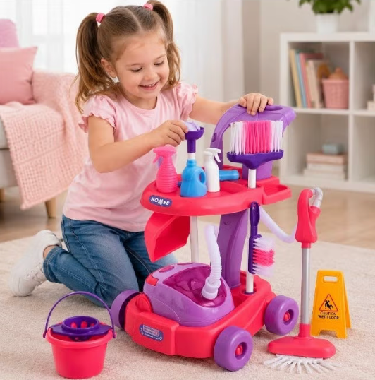 Kids Cleaning Play Set with Cart, Broom, Mop & Accessories, Educational Toy