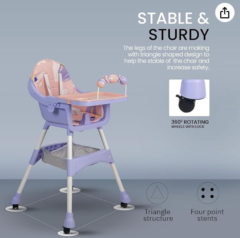 TOYS-EGYPT S360 Convertible Baby High Chair | Adjustable Height & Footrest | Tray & Wheels | Safety Belt | Pink/Purple