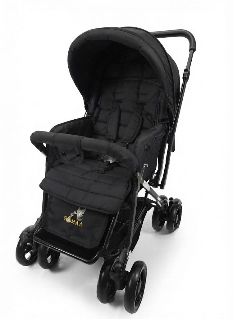 A modern stroller featuring a sleek black design and a canopy for full protection—offering comfort and safety for your child at every step(black).
