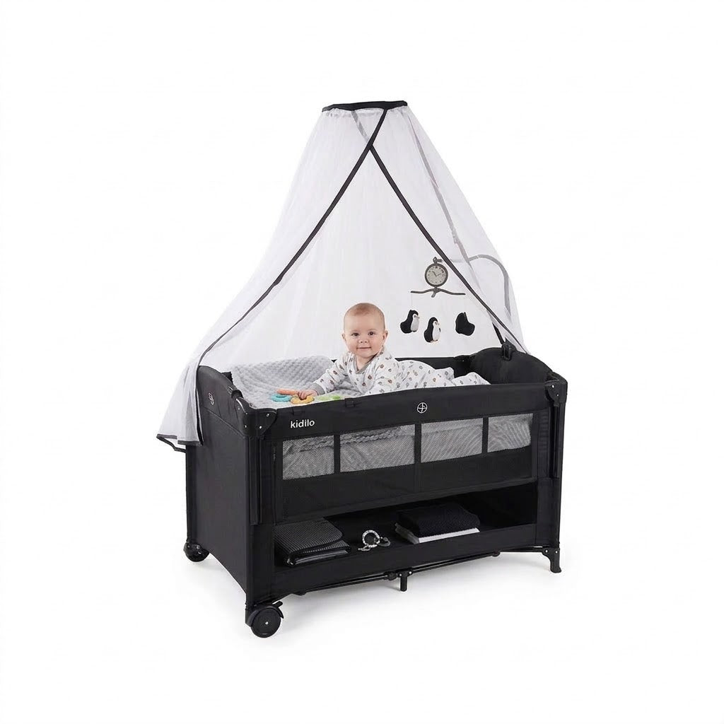 The Kidilo multifunctional travel cribin a stylish black finishwas designed specifically for every mother who prioritizes her children's comfort (Black).