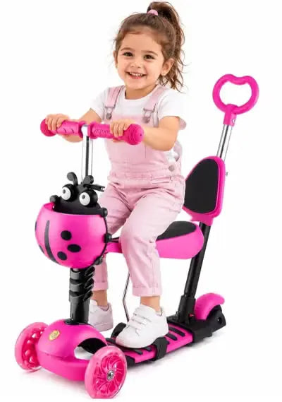 Kids 5-in-1 Convertible Scooter with Removable Seat & Push Handle, Adjustable Height, Light-Up Wheels, Pink