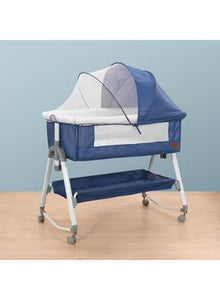 Kidilo Multifunctional 4-in-1 Foldable Bedside Crib: A portable newborn bassinet and infant travel bed featuring a large storage basket, soft bedding, 3-level adjustable height, and a mosquito net(Blue).
