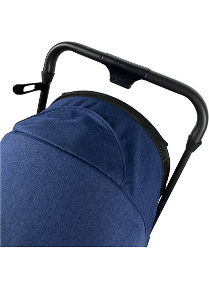 Foldable and lightweight baby stroller -flexible wheels and a protective canopy, blue
