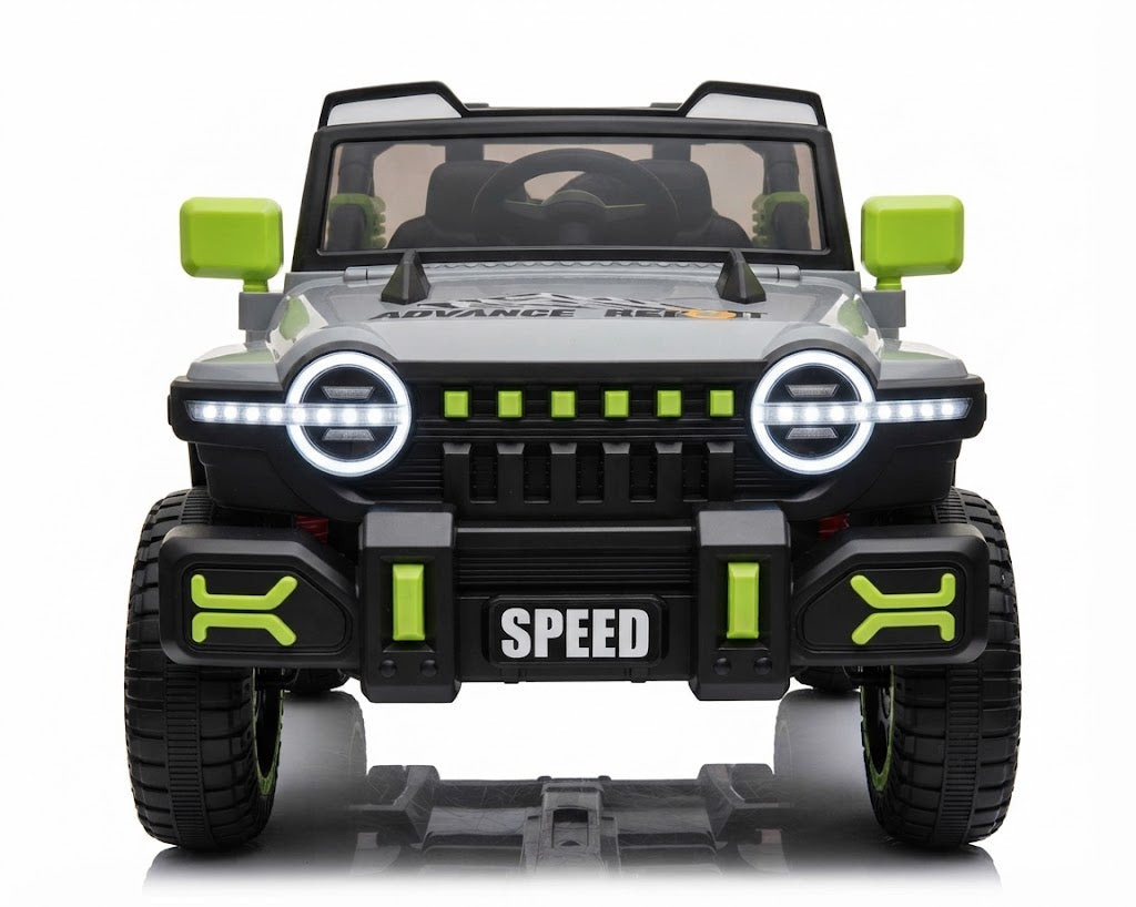 An electric 4WD Jeep for children featuring a bold, sporty design in gray and black, complete with distinctive LED lights.