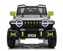 An electric 4WD Jeep for children featuring a bold, sporty design in gray and black, complete with distinctive LED lights.