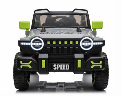 An electric 4WD Jeep for children featuring a bold, sporty design in gray and black, complete with distinctive LED lights.