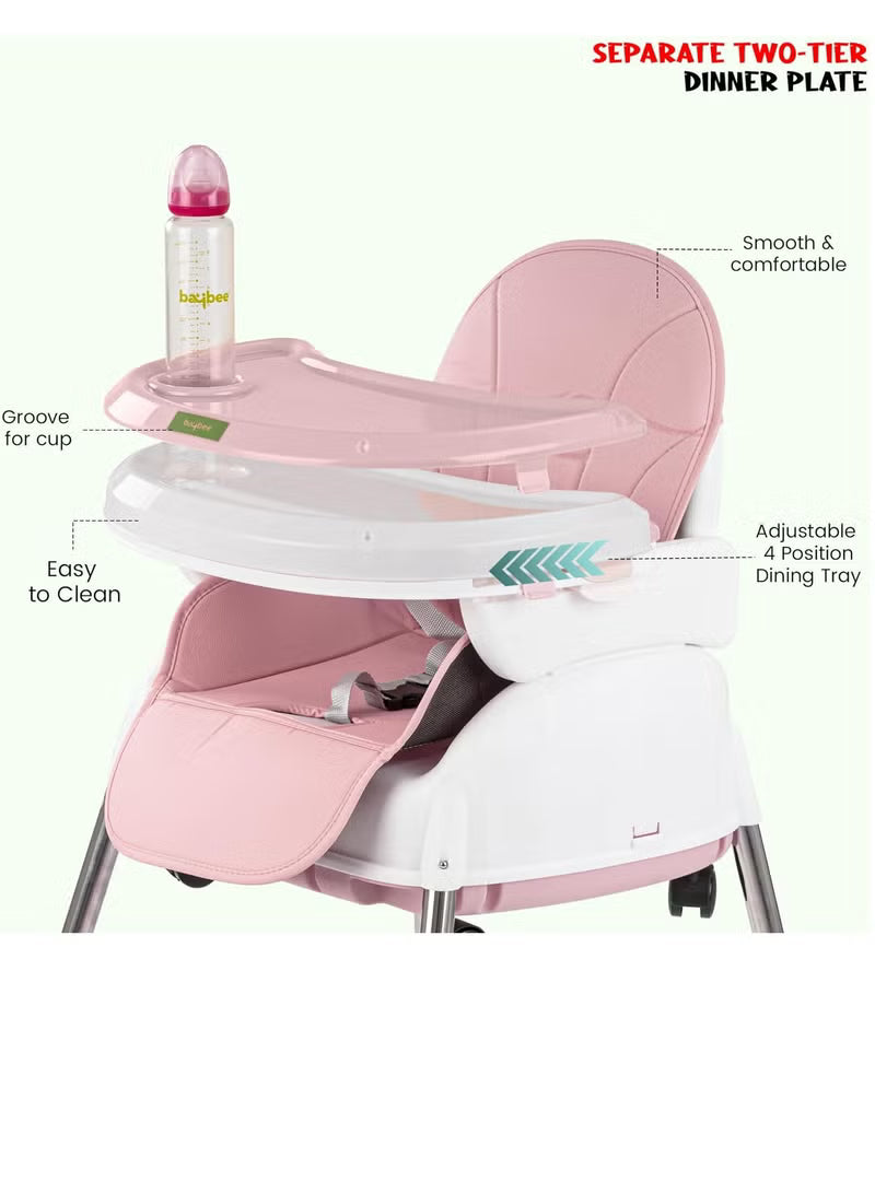 Happy Kiddo 4-in-1 Convertible High Chair for Kids – Features adjustable height and footrest to enhance toddler feeding; includes tray, wheels, safety harness, and cushion; suitable for ages 6 months to 4 years (Pink).