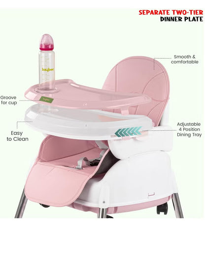 Happy Kiddo 4-in-1 Convertible High Chair for Kids – Features adjustable height and footrest to enhance toddler feeding; includes tray, wheels, safety harness, and cushion; suitable for ages 6 months to 4 years (Pink).