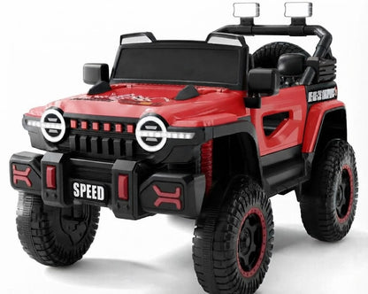 An electric 4WD vehicle for children featuring a bold design in black with red accents, equipped with powerful headlights and roof-mounted lights for an exceptional driving experience.