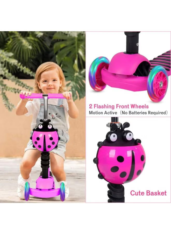 Happy Kiddo Magic Scooter for Kids 🛴✨ – Cute ladybug design with a push handle and wheels that light up while moving PINK !