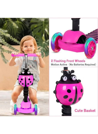 Happy Kiddo Magic Scooter for Kids 🛴✨ – Cute ladybug design with a push handle and wheels that light up while moving PINK !