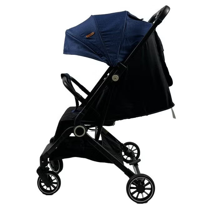 Foldable and lightweight baby stroller -flexible wheels and a protective canopy, blue