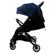 Foldable and lightweight baby stroller -flexible wheels and a protective canopy, blue