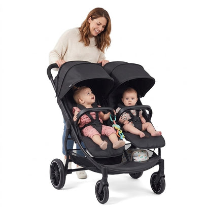 Kidilo LB100 double stroller features two comfortable seats equipped with safety harnesses, an under-seat storage basket, and agile wheels for easy maneuverability