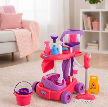 Happy Kiddo Kids' Cleaning Playset with Trolley, Broom, Mop, and Accessories – Educational Toy