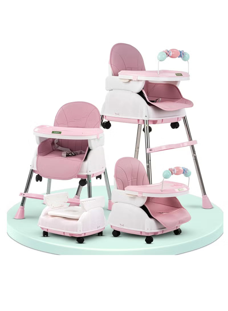 Happy Kiddo 4-in-1 Convertible High Chair for Kids – Features adjustable height and footrest to enhance toddler feeding; includes tray, wheels, safety harness, and cushion; suitable for ages 6 months to 4 years (Pink).
