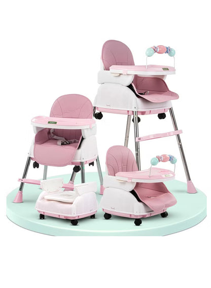 Happy Kiddo 4-in-1 Convertible High Chair for Kids – Features adjustable height and footrest to enhance toddler feeding; includes tray, wheels, safety harness, and cushion; suitable for ages 6 months to 4 years (Pink).