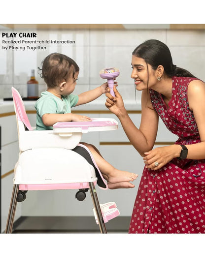 Happy Kiddo 4-in-1 Convertible High Chair for Kids – Features adjustable height and footrest to enhance toddler feeding; includes tray, wheels, safety harness, and cushion; suitable for ages 6 months to 4 years (Pink).