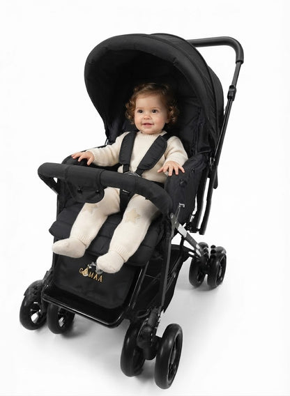 A modern stroller featuring a sleek black design and a canopy for full protection—offering comfort and safety for your child at every step(black).
