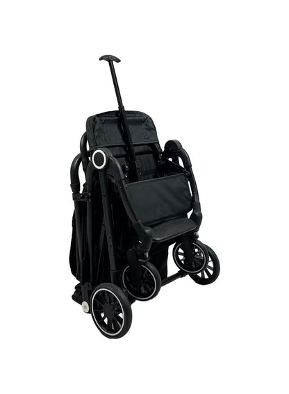 Foldable and lightweight baby stroller with flexible wheels and a protective canopy, black color