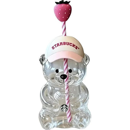 🍓 Cute Teddy Bear Bottle/Cup with a Strawberry Straw! From Happy Kiddo 🍓