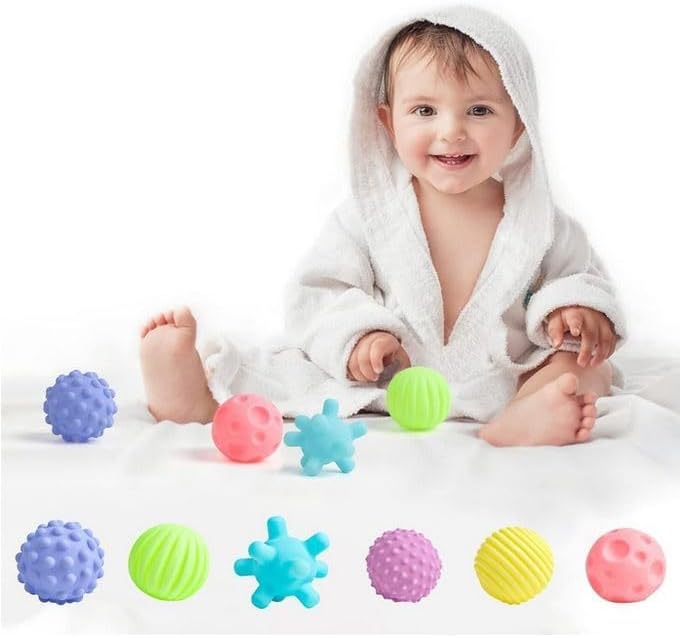 Happy Kiddo Sensory Ball Set (6-in-1) – Soft, squeezable, and squeaky textured balls for newborns and toddlers; BPA-free, ideal for early development and bath time play.