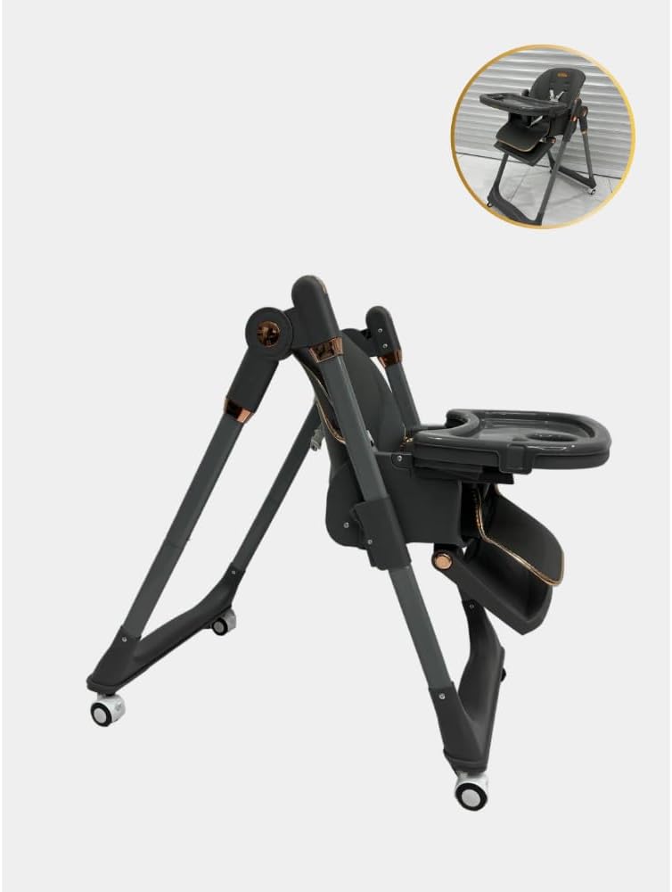 The Kidilo premium high chair features a luxurious, comfortable design suitable for mealtime. It comes equipped with a harness featuring multiple safety points and a cup holder, and boasts a sturdy, stable frame, distinctive wheels, and a seat (Black).