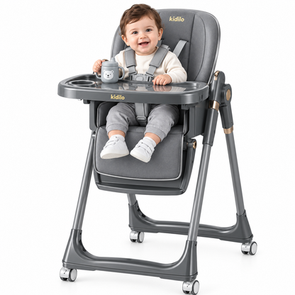 The Kidilo high chair features a modern design and an elegant gray color, providing comfort and safety for your child during mealtime. It is equipped with a comfortable, padded seat and a safety harness to keep the child secure (Gray).