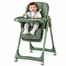 The Kidilo premium high chair features a luxurious, comfortable design suitable for mealtime. It comes equipped with a harness featuring multiple safety points and a cup holder, and boasts a sturdy, stable frame, distinctive wheels, and a seat (green).