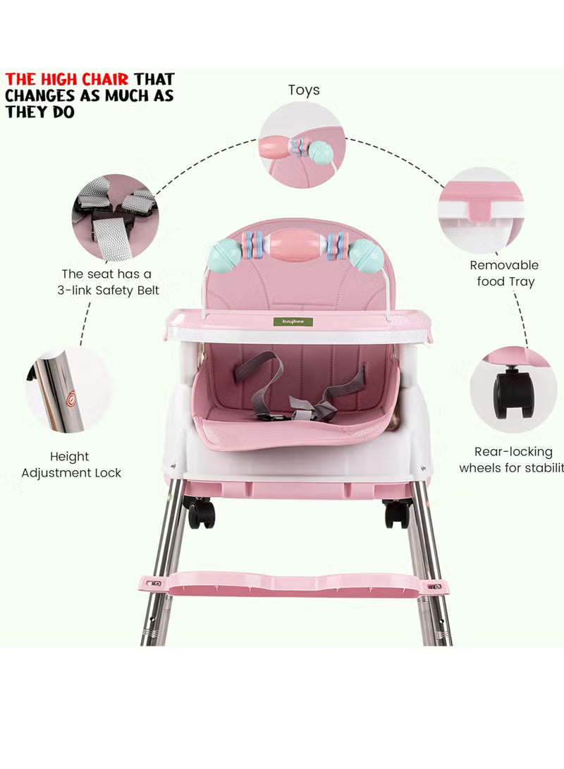 Happy Kiddo 4-in-1 Convertible High Chair for Kids – Features adjustable height and footrest to enhance toddler feeding; includes tray, wheels, safety harness, and cushion; suitable for ages 6 months to 4 years (Pink).