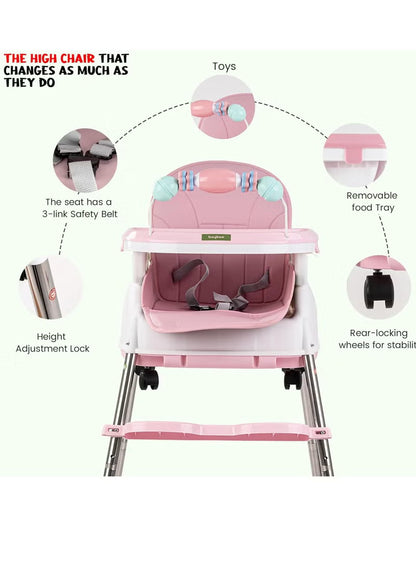 Happy Kiddo 4-in-1 Convertible High Chair for Kids – Features adjustable height and footrest to enhance toddler feeding; includes tray, wheels, safety harness, and cushion; suitable for ages 6 months to 4 years (Pink).