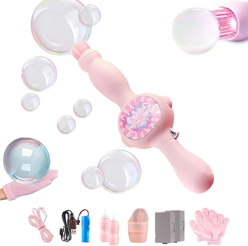 Happy Kiddo Bubble Wand – Interactive, mobile-friendly mist bubble machine featuring flexible inner bubbles and smoke-filled bubbles of the perfect size (Pink).