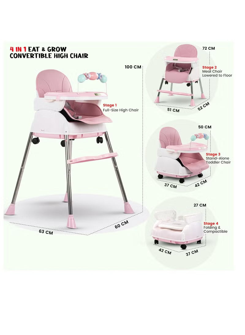 Happy Kiddo 4-in-1 Convertible High Chair for Kids – Features adjustable height and footrest to enhance toddler feeding; includes tray, wheels, safety harness, and cushion; suitable for ages 6 months to 4 years (Pink).
