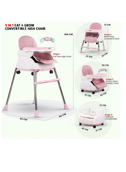 Happy Kiddo 4-in-1 Convertible High Chair for Kids – Features adjustable height and footrest to enhance toddler feeding; includes tray, wheels, safety harness, and cushion; suitable for ages 6 months to 4 years (Pink).