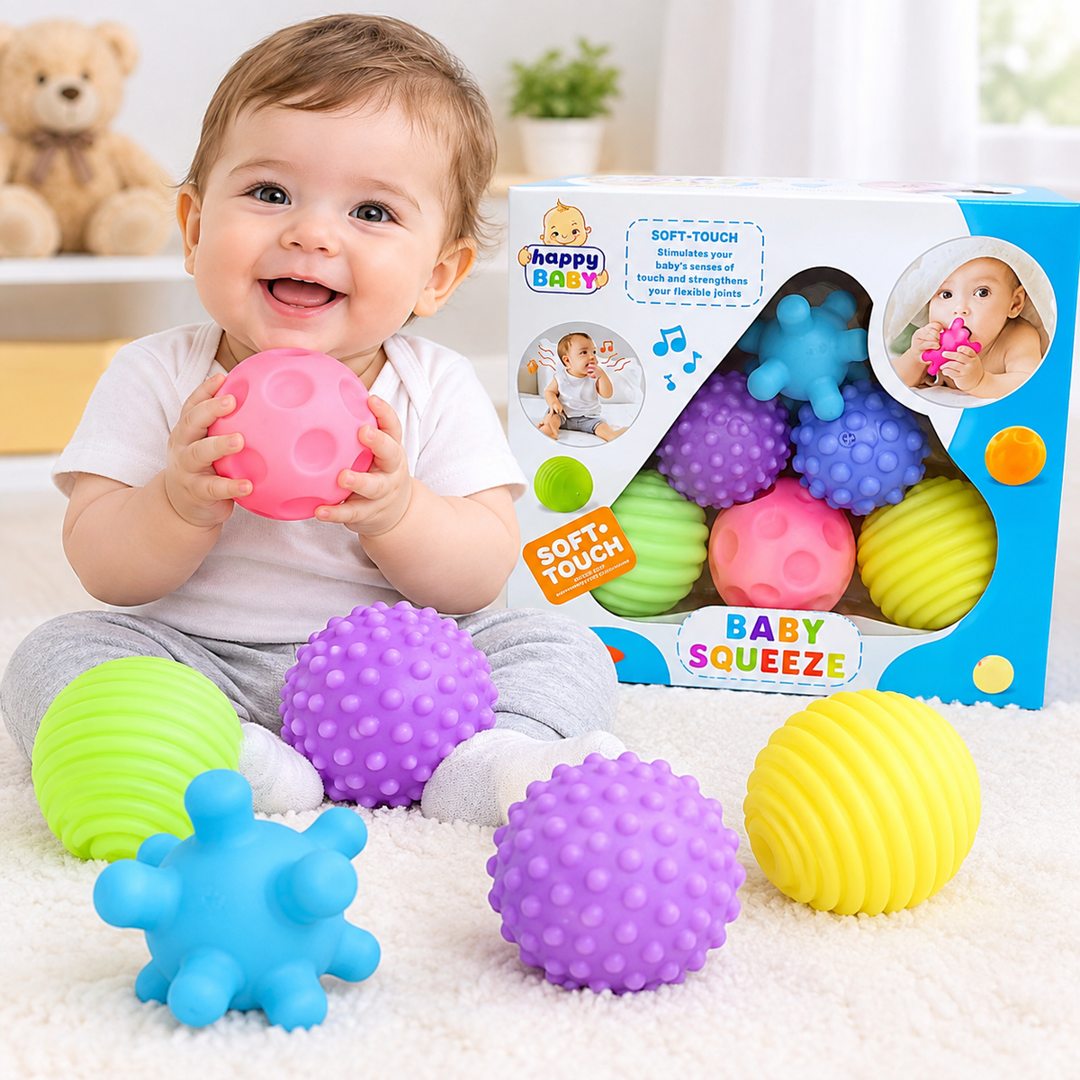 Happy Kiddo Sensory Ball Set (6-in-1) – Soft, squeezable, and squeaky textured balls for newborns and toddlers; BPA-free, ideal for early development and bath time play.