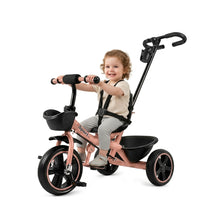 Children's tricycle featuring a push handle, safety seat, front basket, and rear storage space – pink and black