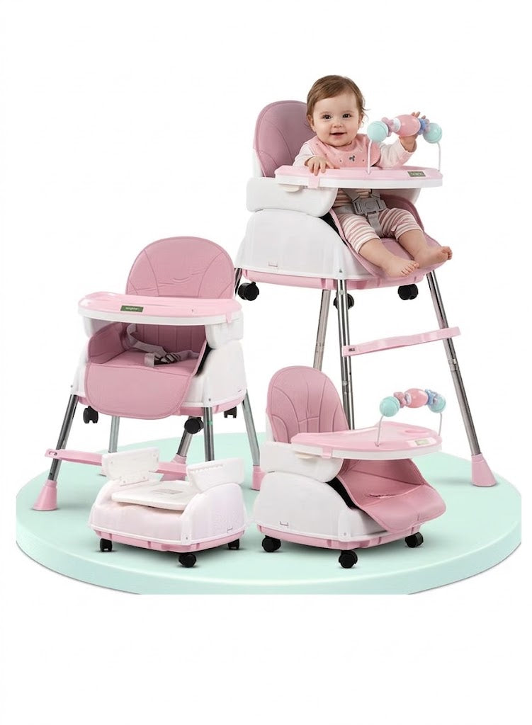 Happy Kiddo 4-in-1 Convertible High Chair for Kids – Features adjustable height and footrest to enhance toddler feeding; includes tray, wheels, safety harness, and cushion; suitable for ages 6 months to 4 years (Pink).