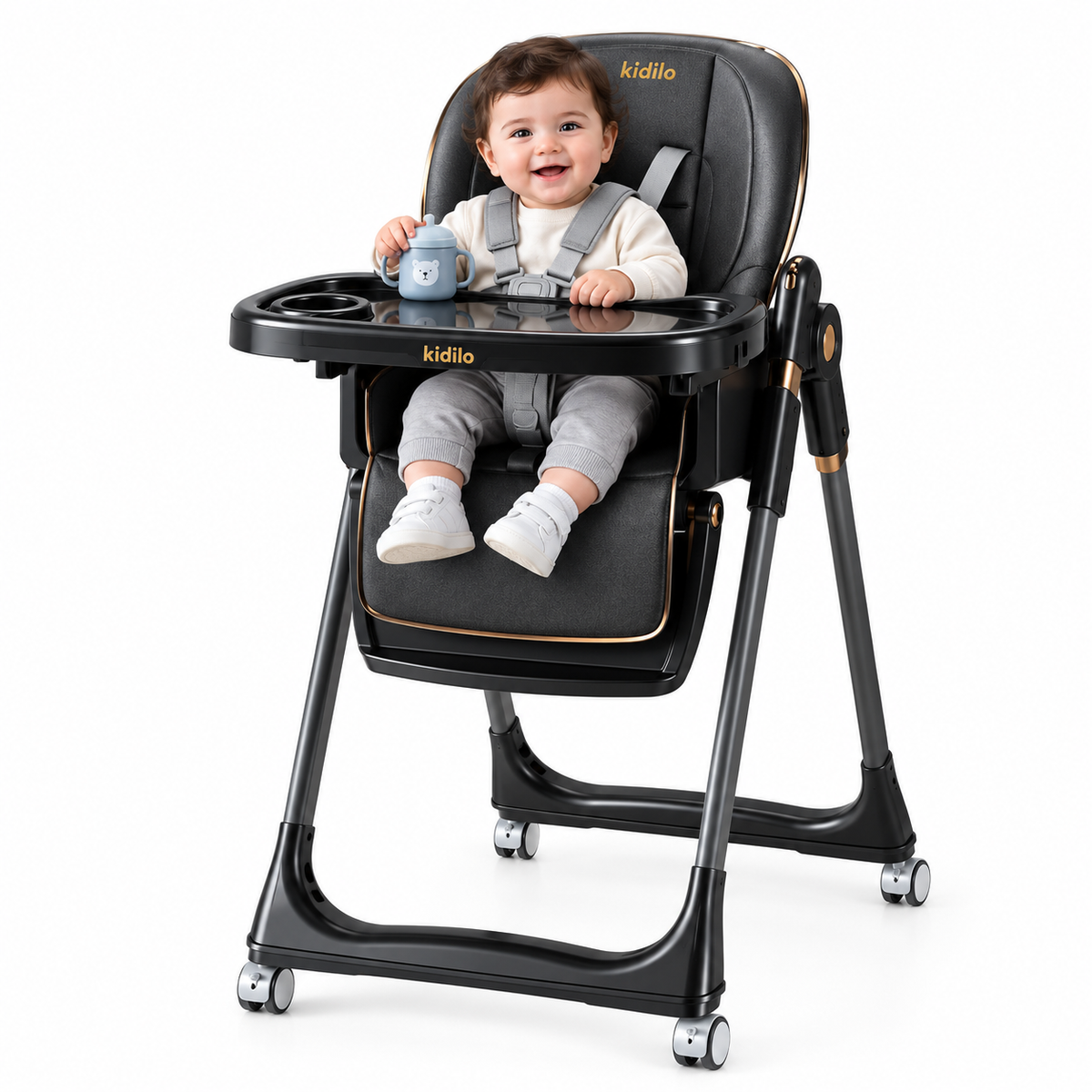 The Kidilo premium high chair features a luxurious, comfortable design suitable for mealtime. It comes equipped with a harness featuring multiple safety points and a cup holder, and boasts a sturdy, stable frame, distinctive wheels, and a seat (Black).