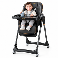 The Kidilo premium high chair features a luxurious, comfortable design suitable for mealtime. It comes equipped with a harness featuring multiple safety points and a cup holder, and boasts a sturdy, stable frame, distinctive wheels, and a seat (Black).
