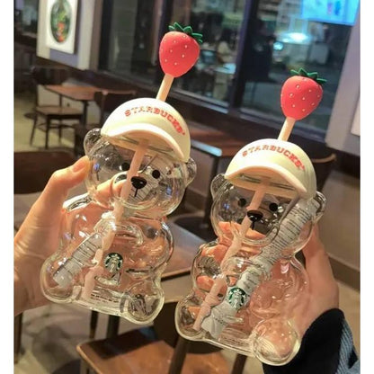🍓 Cute Teddy Bear Bottle/Cup with a Strawberry Straw! From Happy Kiddo 🍓
